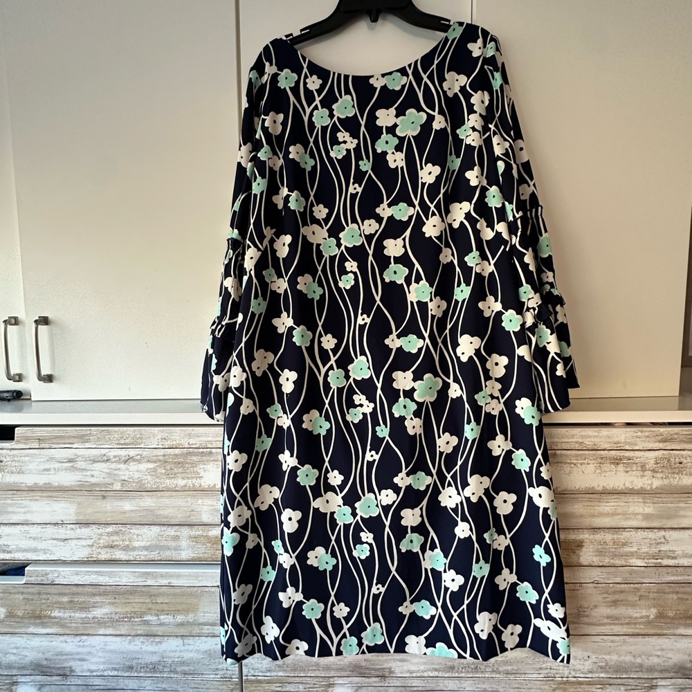 🌸 Talbots Navy Green & White Floral Long Sleeve Dress Size 10